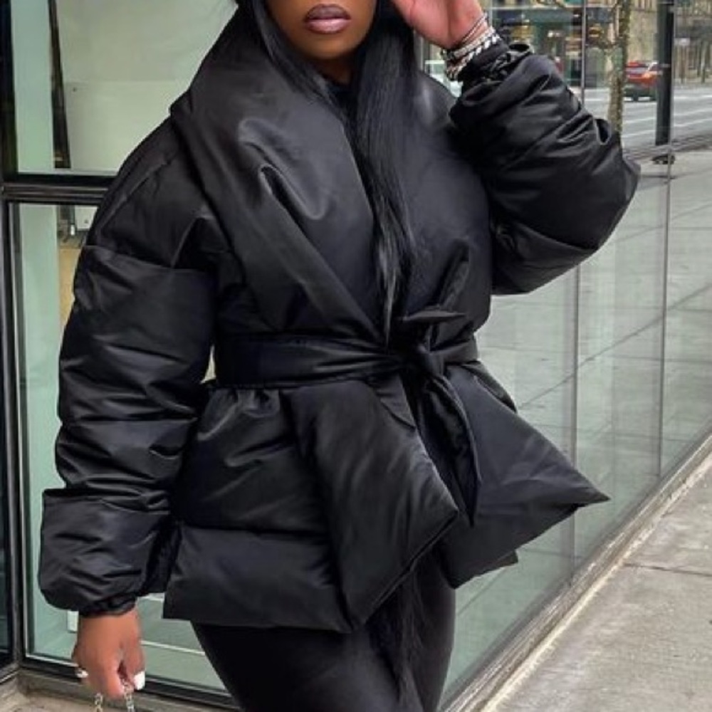 Black front tie puffer coat